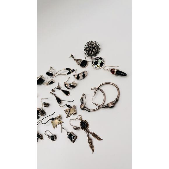 Lot Of Sterling Silver 925 Earrings Single/Pairs Black Onyx Silver SCRAP CRAFT - Picture 8 of 11